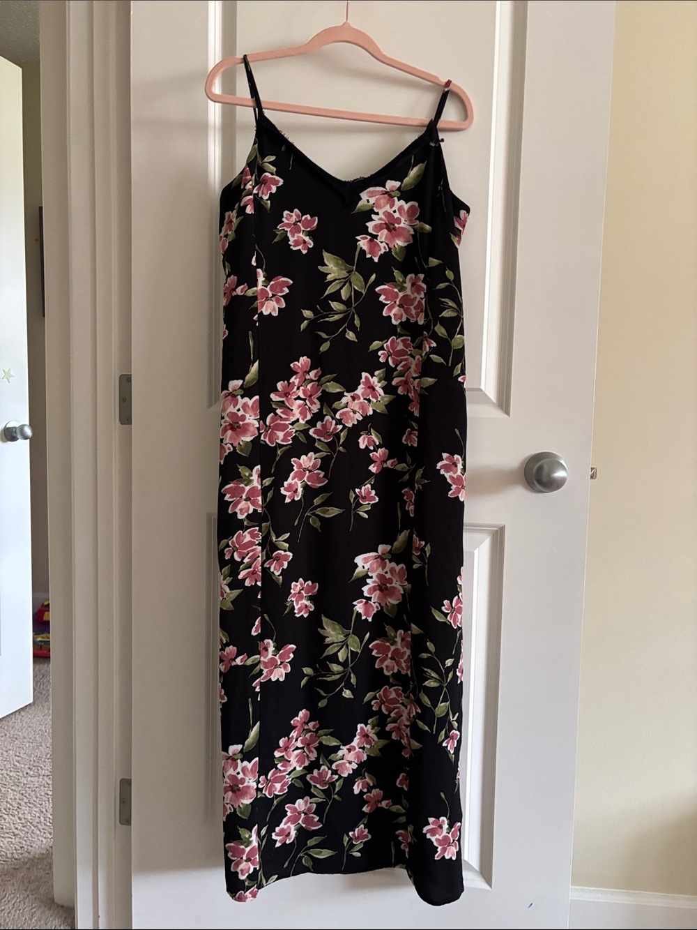 Black Floral Maxi Slip Dress with Pink Blossoms